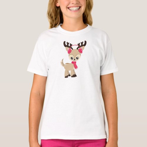 Cute Reindeer Little Reindeer Red Scarf T_Shirt