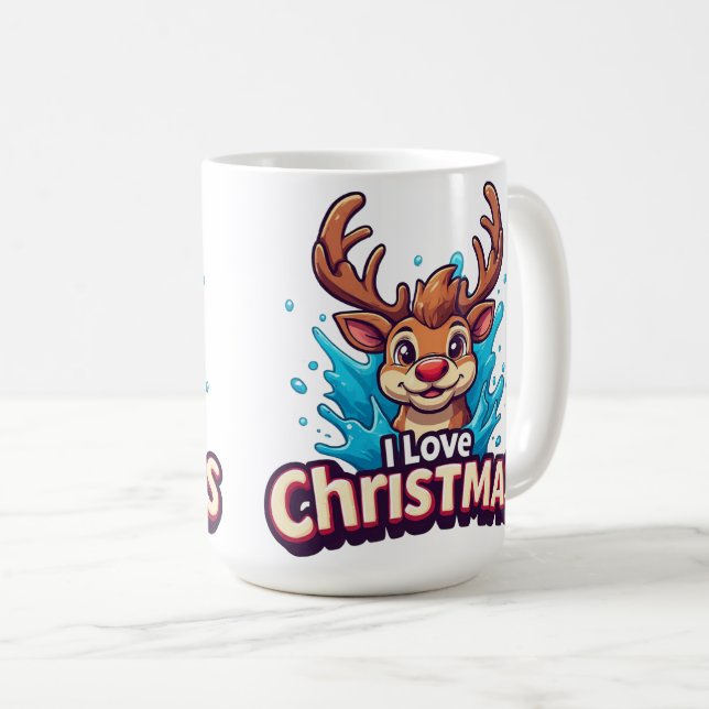 Cute Reindeer Mascot With 'I Love Christmas' Text Coffee Mug (Front Right)