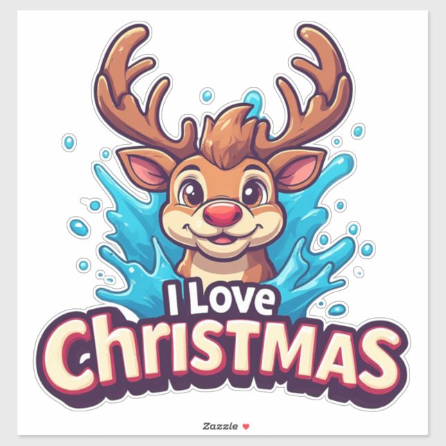 Cute Reindeer Mascot With 'I Love Christmas' Text Sticker (Sheet)