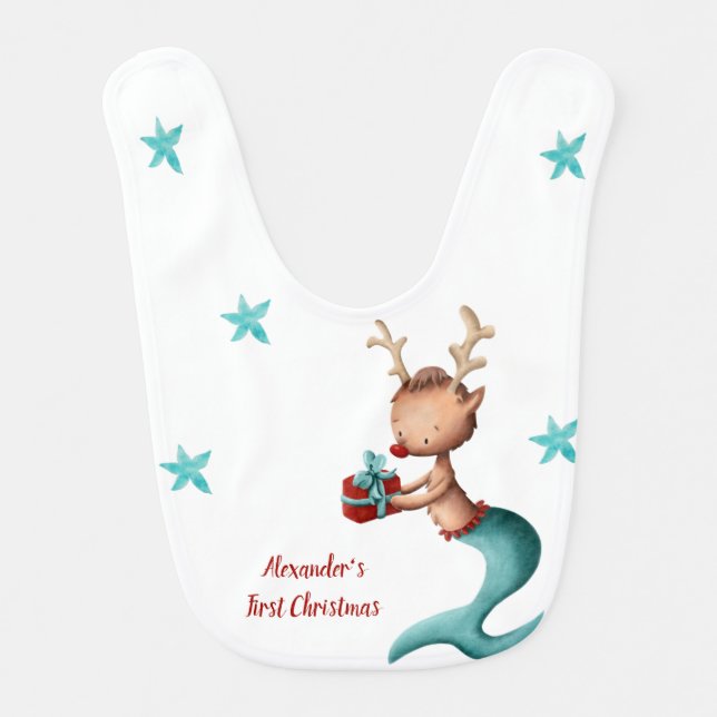 Cute Reindeer Mermaid First Christmas Baby Bib (Front)