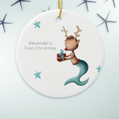 Cute Reindeer Mermaid First Christmas Whimsical Ceramic Ornament