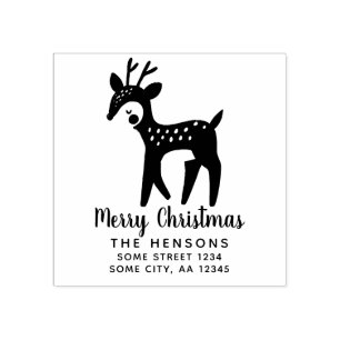 Cute Reindeer Merry Christmas Family Address Rubber Stamp
