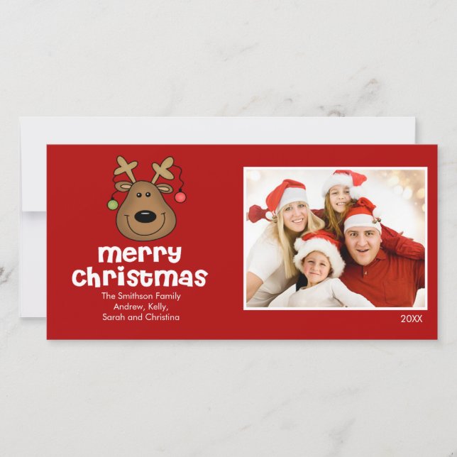 CUTE Reindeer Merry Christmas Family Photo Card (Front)