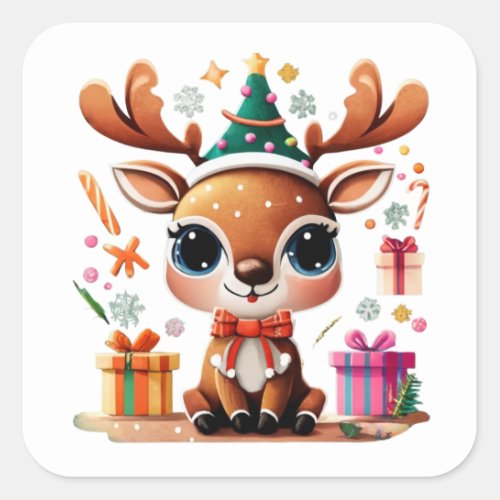 Cute Reindeer Merry Christmas Gift Happy Holidays  Square Sticker
