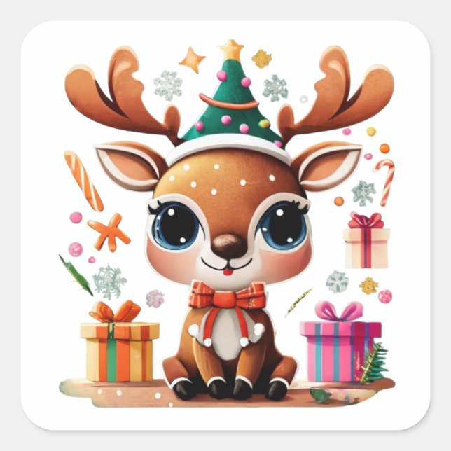 Cute Reindeer Merry Christmas Gift Happy Holidays  Square Sticker (Front)