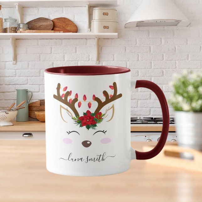 Cute Reindeer Merry Christmas Gift Maroon Coffee Mug (Creator Uploaded)