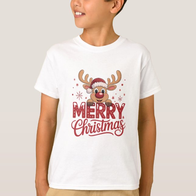 Cute Reindeer Merry Christmas Kids T-Shirt (Front)
