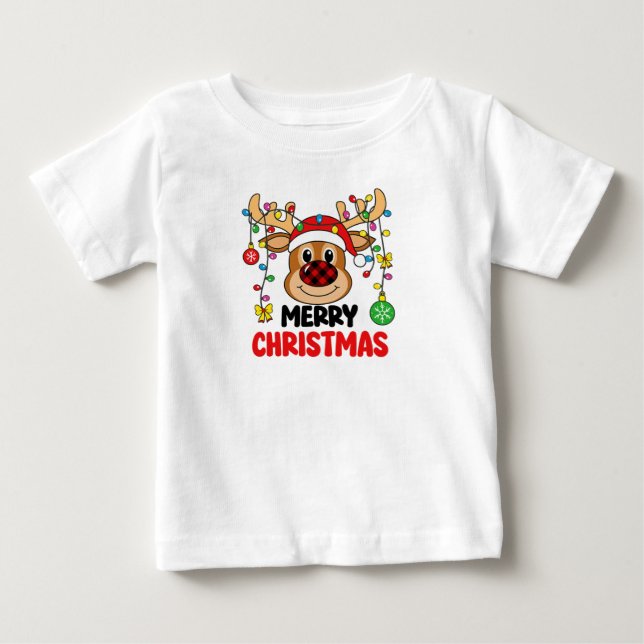 Cute Reindeer Merry Christmas Lights Baby T-Shirt (Front)
