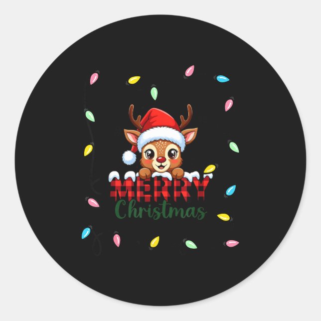 Cute Reindeer Merry Christmas Shirt –plaid Holiday Classic Round Sticker (Front)