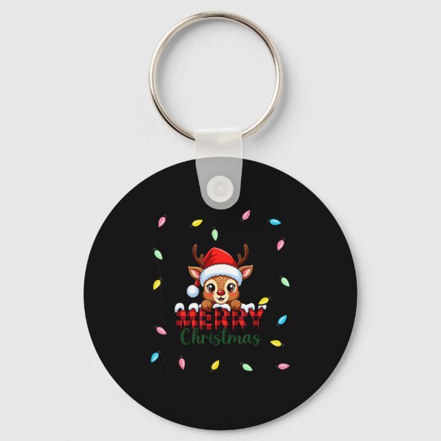 Cute Reindeer Merry Christmas Shirt –plaid Holiday Keychain (Front)