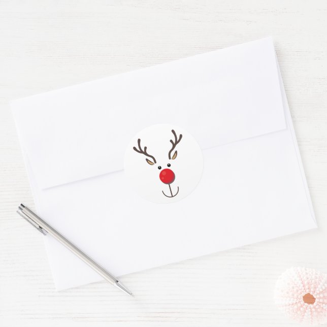 Cute Reindeer Minimalist Face White Classic Round Sticker (Envelope)