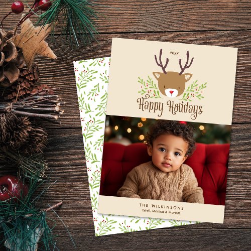 Cute Reindeer Neutral Happy Holidays Photo Card