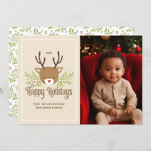 Cute Reindeer Neutral Happy Holidays Photo Card