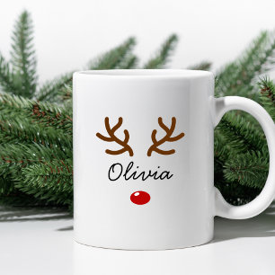 Cute Reindeer Nose and Antlers Custom Christmas Coffee Mug