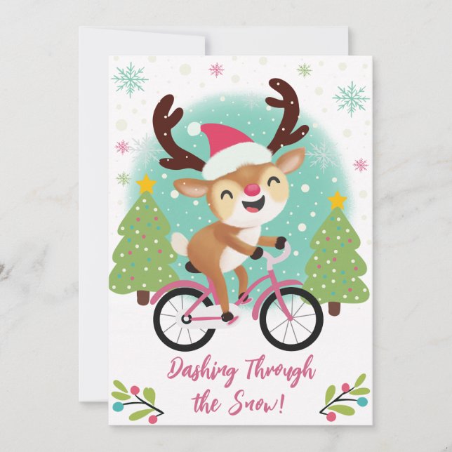 Cute Reindeer on a Pink Bicycle Christmas Card (Front)