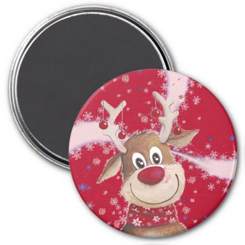Cute Reindeer on Festive Red  White Background  Magnet