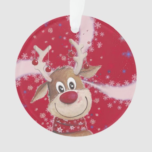 Cute Reindeer on Festive Red  White Background  Ornament