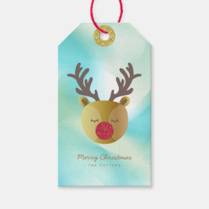 Cute Reindeer   Pastel Green Gradient & Gold  Gift Tags