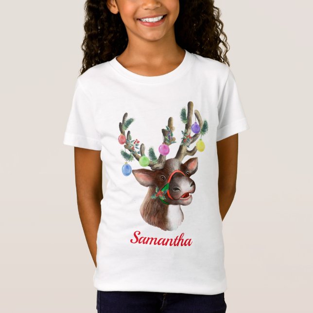 Cute Reindeer Personalized Christmas Holiday T-Shirt (Front)