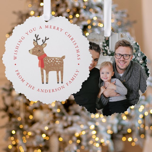 Cute Reindeer Photo Holiday Ornament Card (Creator Uploaded)