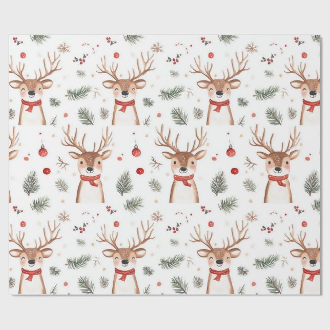 Cute Reindeer & Pine Christmas Holiday  Wrapping Paper (Flat)
