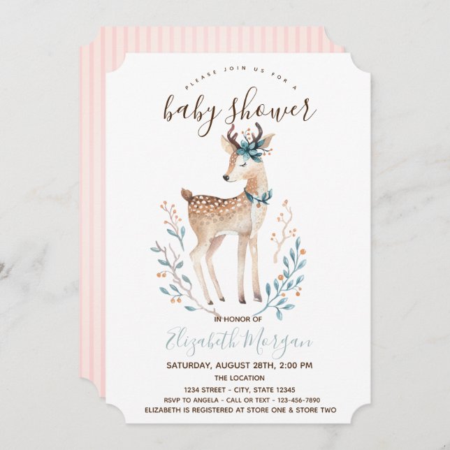 Cute Reindeer Pink Stripes Baby Shower  Invitation (Front/Back)