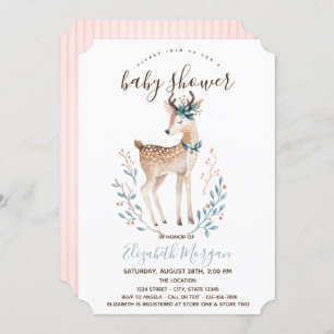 Cute Reindeer Pink Stripes Baby Shower Invitation