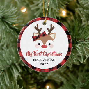 Cute Reindeer Plaid Bow 1st Christmas Baby Photo Ceramic Ornament