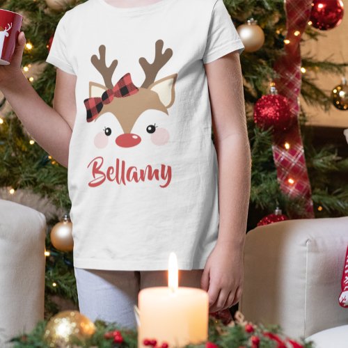 Cute Reindeer Plaid Bow Name In Red Christmas T_Shirt