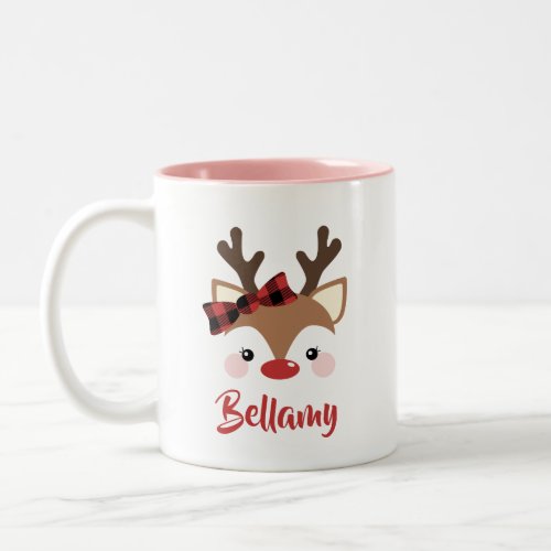 Cute Reindeer Plaid Bow Name In Red Christmas Two_Tone Coffee Mug