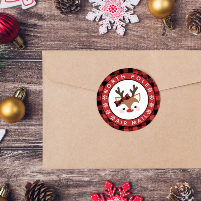 Cute Reindeer Plaid Bow North Pole Air Mail Classic Round Sticker (Creator Uploaded)