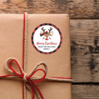 Cute Reindeer Plaid Bow Red Merry Christmas Classic Round Sticker