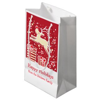 Cute reindeer prancing over christmas gifts bag