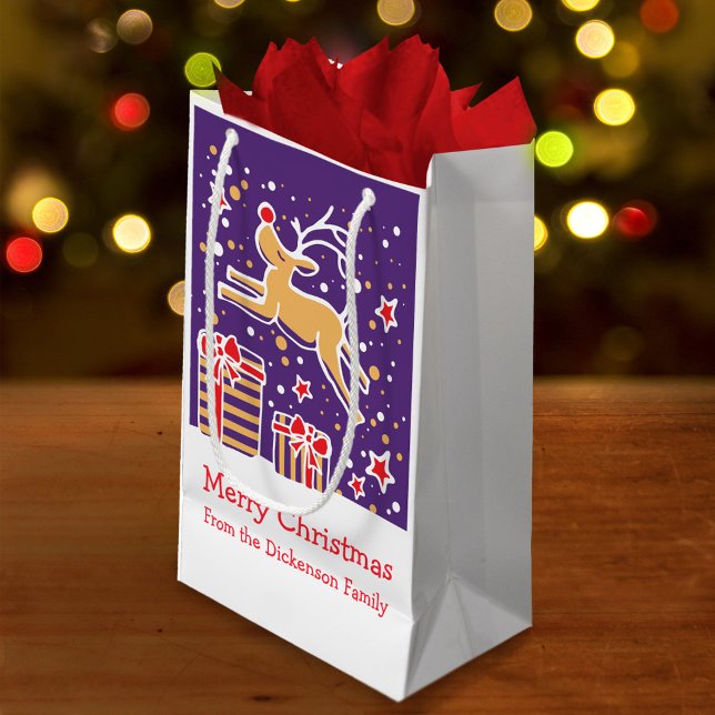 Cute reindeer prancing over christmas gifts bag (Creator Uploaded)