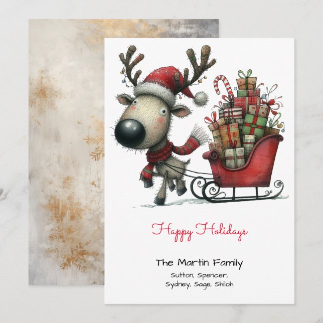 Cute Reindeer Pulling a Sleigh of Gifts Happy  Holiday Card (Front/Back)