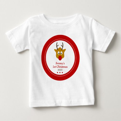 Cute Reindeer Red Babys First Christmas Baby T_Shirt