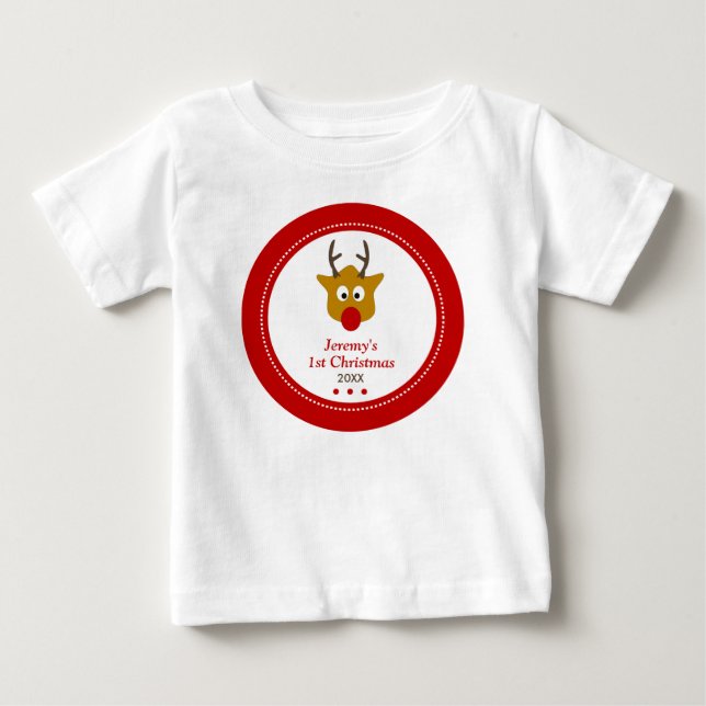 Cute Reindeer Red Babys First Christmas Baby T-Shirt (Front)