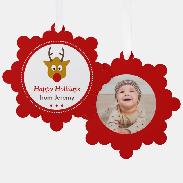 Cute Reindeer Red Christmas Holidays Photo Ornament Card (Front/Back)