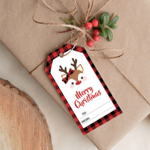 Cute Reindeer Red Plaid Merry Christmas To From Gift Tags