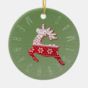 Cute Reindeer Red/White/Green Christmas Ceramic Ornament