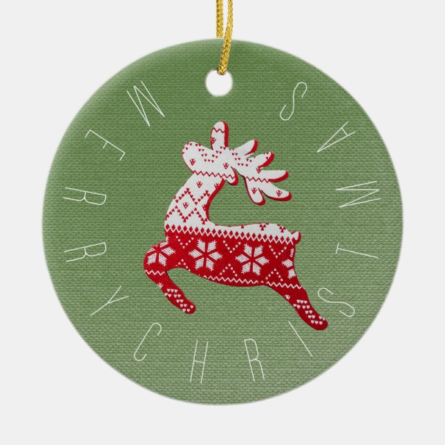 Cute Reindeer Red/White/Green Christmas Ceramic Ornament (Front)