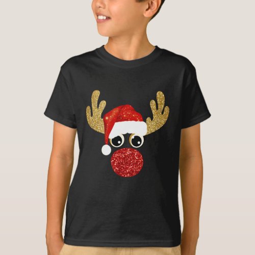 Cute Reindeer Rudolf Sparkly Face black T_Shirt