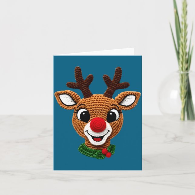 Cute Reindeer Rudolph Crochet Xmas Pajamas Holiday Card (Front)