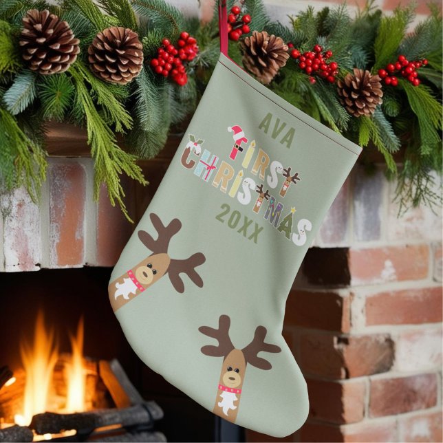 Cute Reindeer Sage Green First Christmas Stocking (A cute 1st Christmas Stocking. Just add your little one's name and year.)