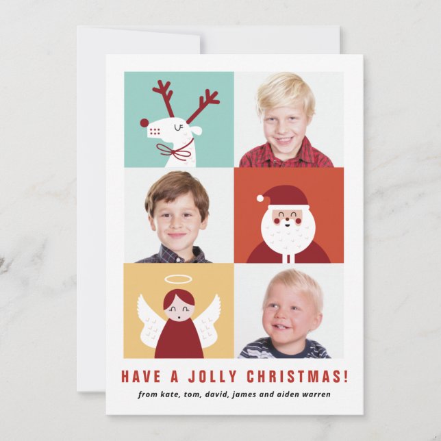 Cute Reindeer, Santa and Angel Blocks Holiday Card (Front)