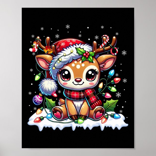 Cute Reindeer Santa Christmas Xmas Girls Women Kid Poster (Front)