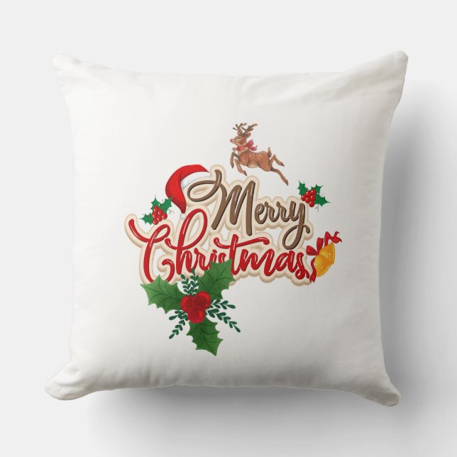 Cute Reindeer & Santa Hat Merry Christmas Throw Pillow (Front)