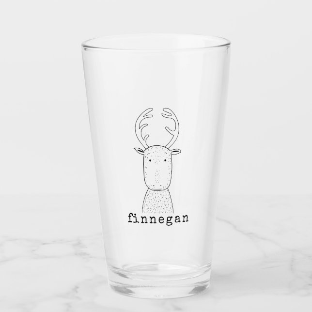 Cute Reindeer Simple Line Illustration Custom Name Glass (Front)