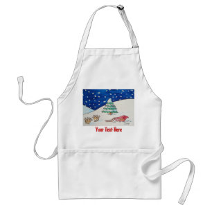 Cute reindeer snow scene with sleigh and tree adult apron