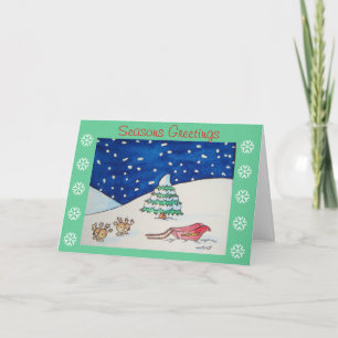 Cute reindeer snow scene with sleigh christmas holiday card